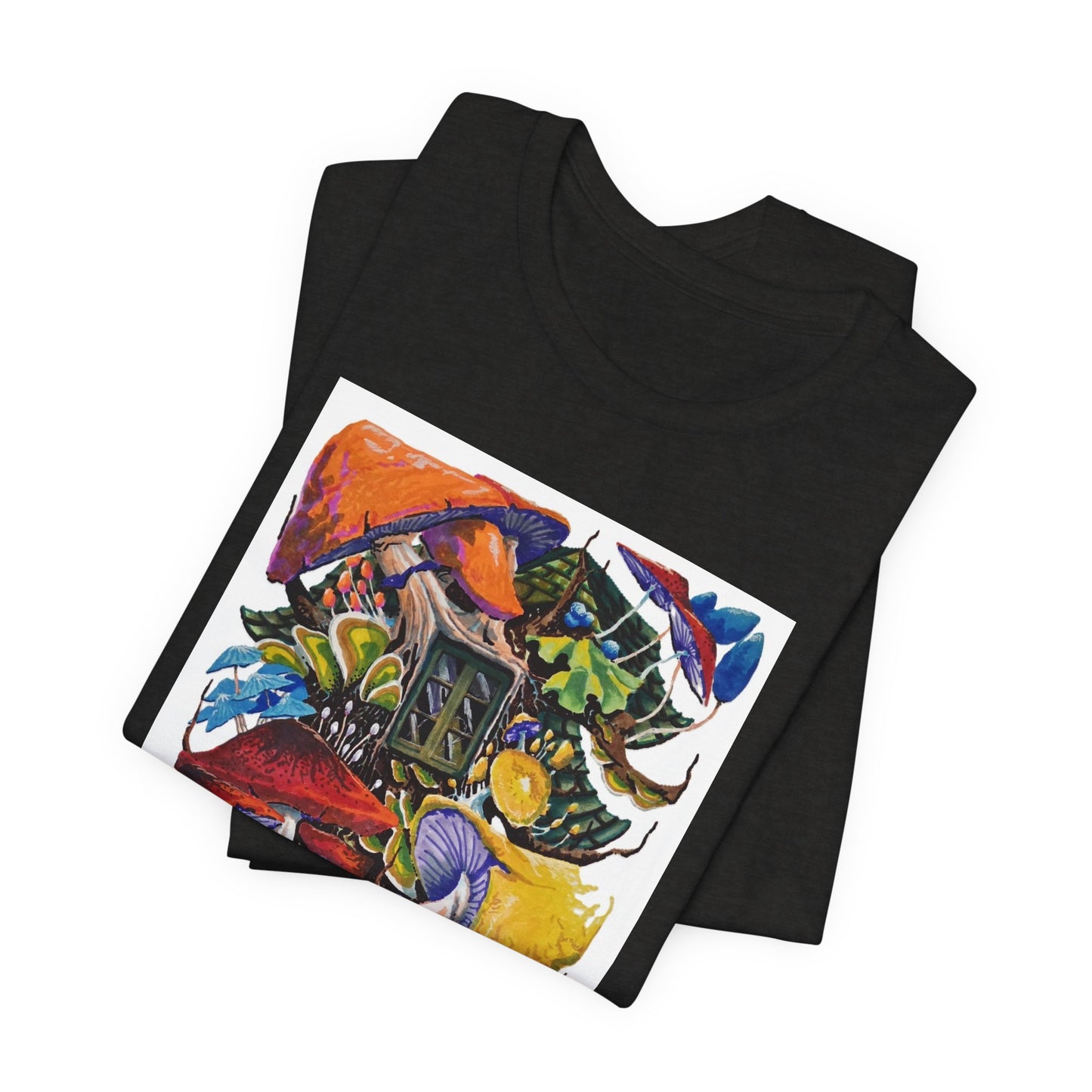 "Mushroom House with the Blue Green Door" tshirt by Noto the Artist. Surreal Cottage Collage T‑Shirt