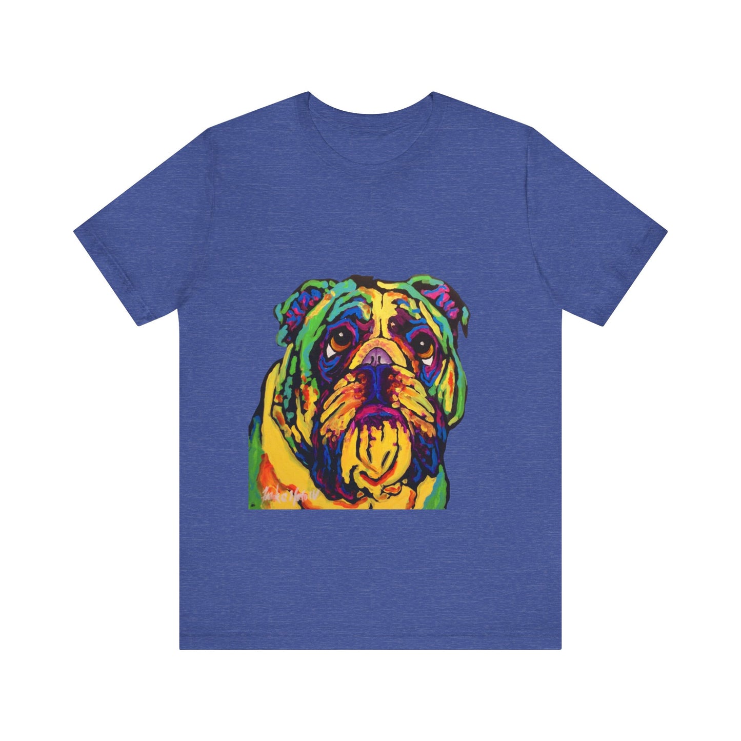 "Bulldog" T-shirt featuring a painting of a bulldog by Noto the Artist. Colorful Bulldog Art Unisex Tee, Pet Lover Gift, Dog Shirt, Casual Wear, Animal Lover Tee, Fun Graphic T-Shirt