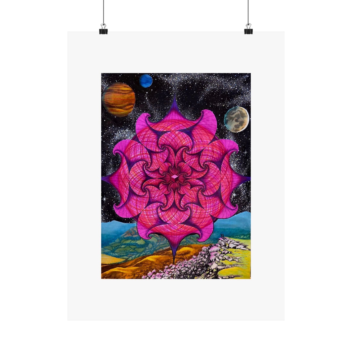 "Yes, I See It...What The Hell Is That...". artwork hand illustrated by Frank Noto.  Psychedelic Mandala Poster — Pink Cosmic Floral Matte Vertical Art Print