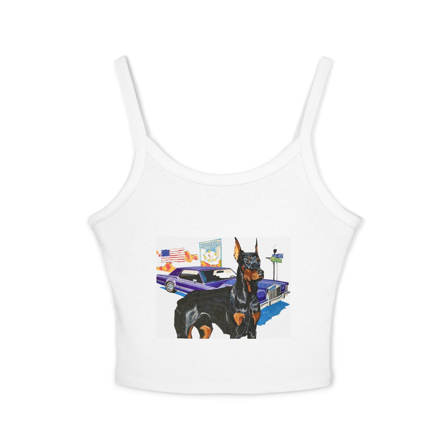 Doberman & Classic Car Crop Tank Top — Vintage Street Art Dog Graphic
