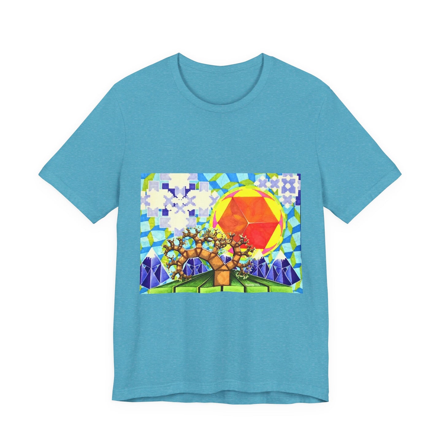 "Spring in the Valley of Sacred Geometry" Tshirt with artwork by Noto the Artist. Geometric Sun & Tree T-Shirt — Colorful Abstract Nature Tee