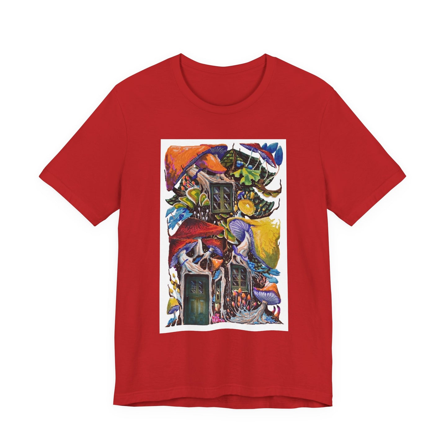 "Mushroom House with the Blue Green Door" tshirt by Noto the Artist. Surreal Cottage Collage T‑Shirt