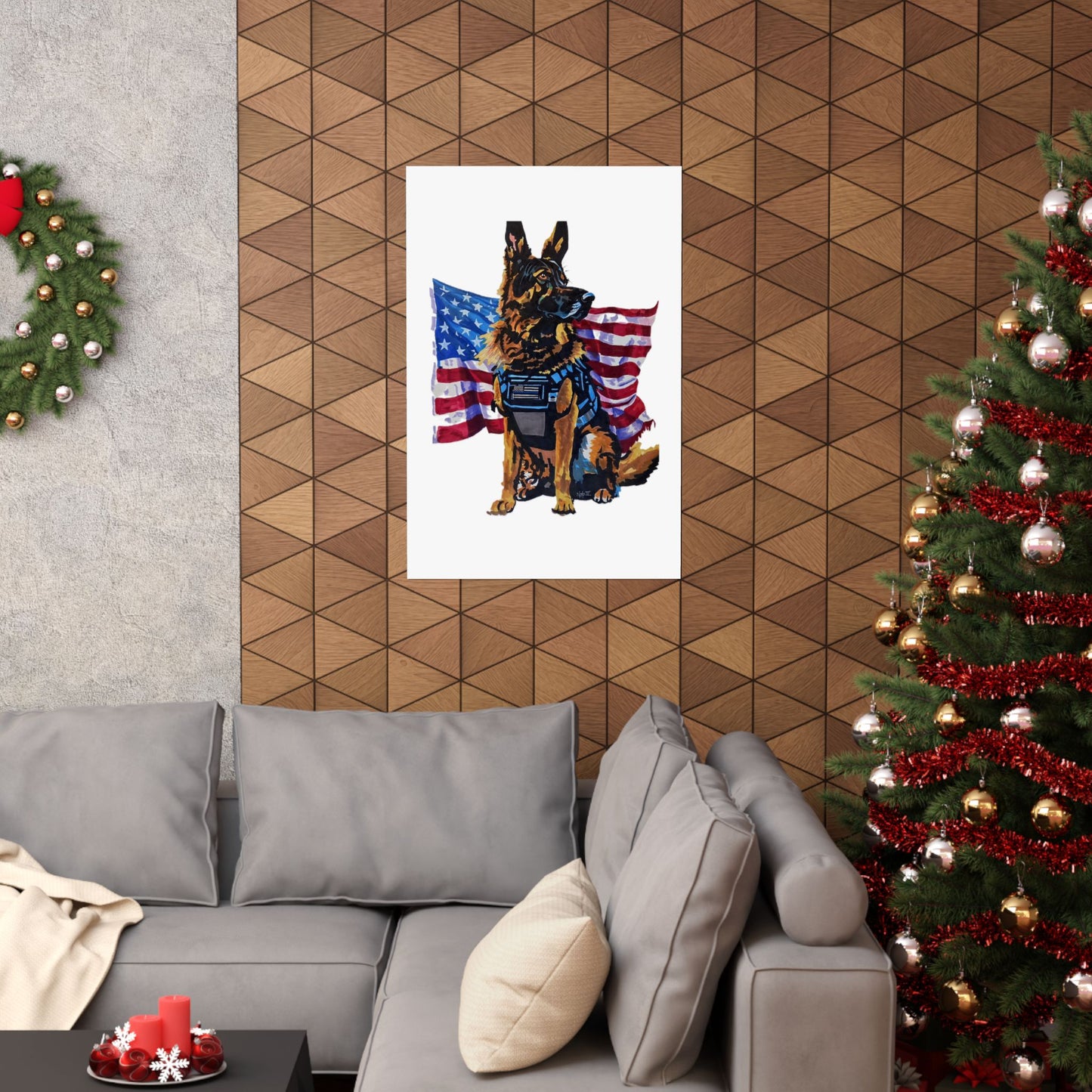 American K9 Poster — Patriotic German Shepherd Matte Vertical Poster "Our pack lives because of those who protect it"