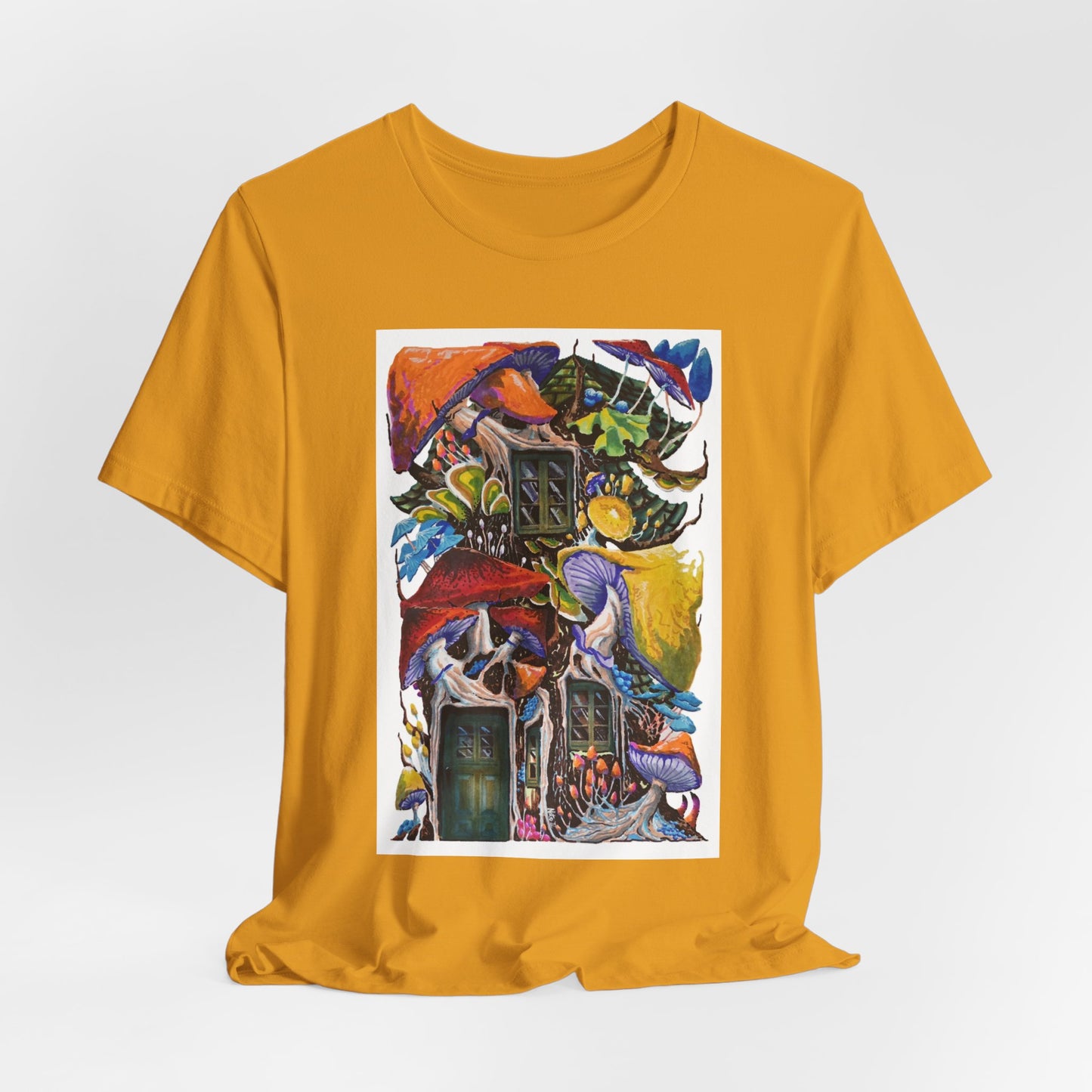 "Mushroom House with the Blue Green Door" tshirt by Noto the Artist. Surreal Cottage Collage T‑Shirt