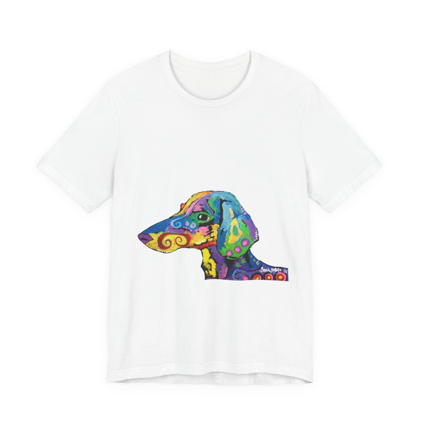 "Rainbow Dachsund" featuring artwork by Noto the Artist. Colorful Dog Art Tee, Unisex T-Shirt, Pet Lover Gift, Artistic Dog Shirt, Fun Graphic Tee, Casual Wear, Dog Mom Apparel
