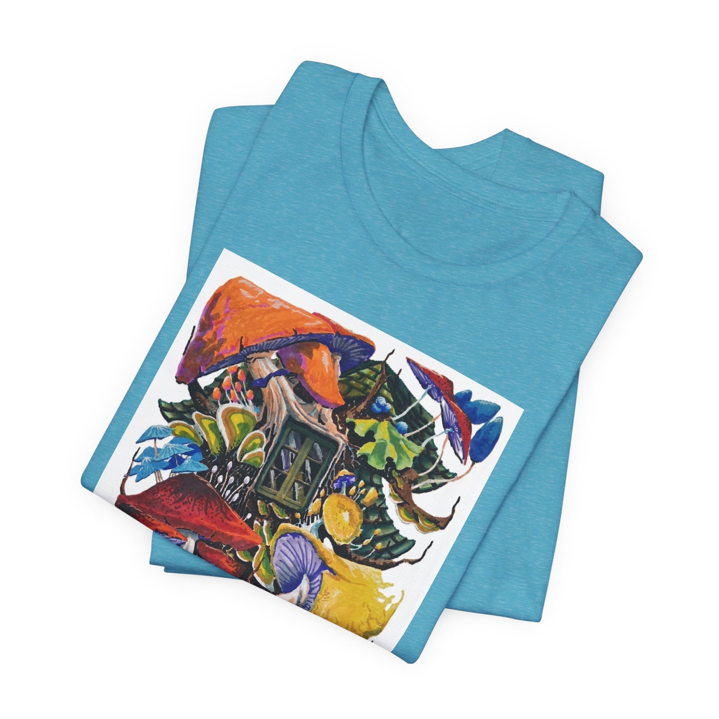"Mushroom House with the Blue Green Door" tshirt by Noto the Artist. Surreal Cottage Collage T‑Shirt
