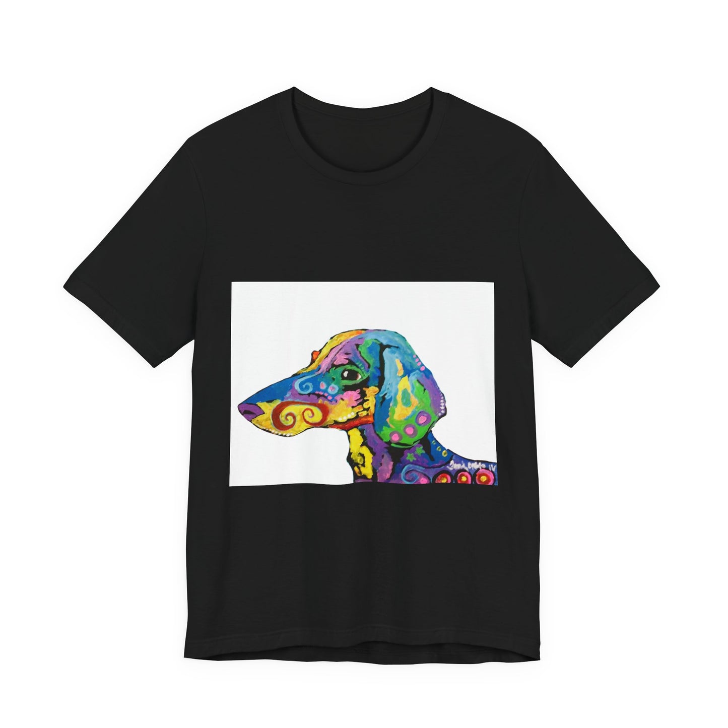 "Rainbow Dachsund" featuring artwork by Noto the Artist. Colorful Dog Art Tee, Unisex T-Shirt, Pet Lover Gift, Artistic Dog Shirt, Fun Graphic Tee, Casual Wear, Dog Mom Apparel