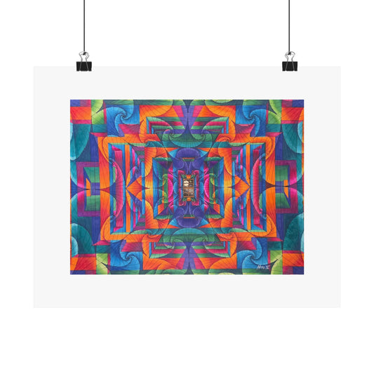 "I can see the Moon through my window" hand illustrated artwork print. Abstract Geometric Kaleidoscope Poster — Vibrant Symmetry Matte Horizontal Print