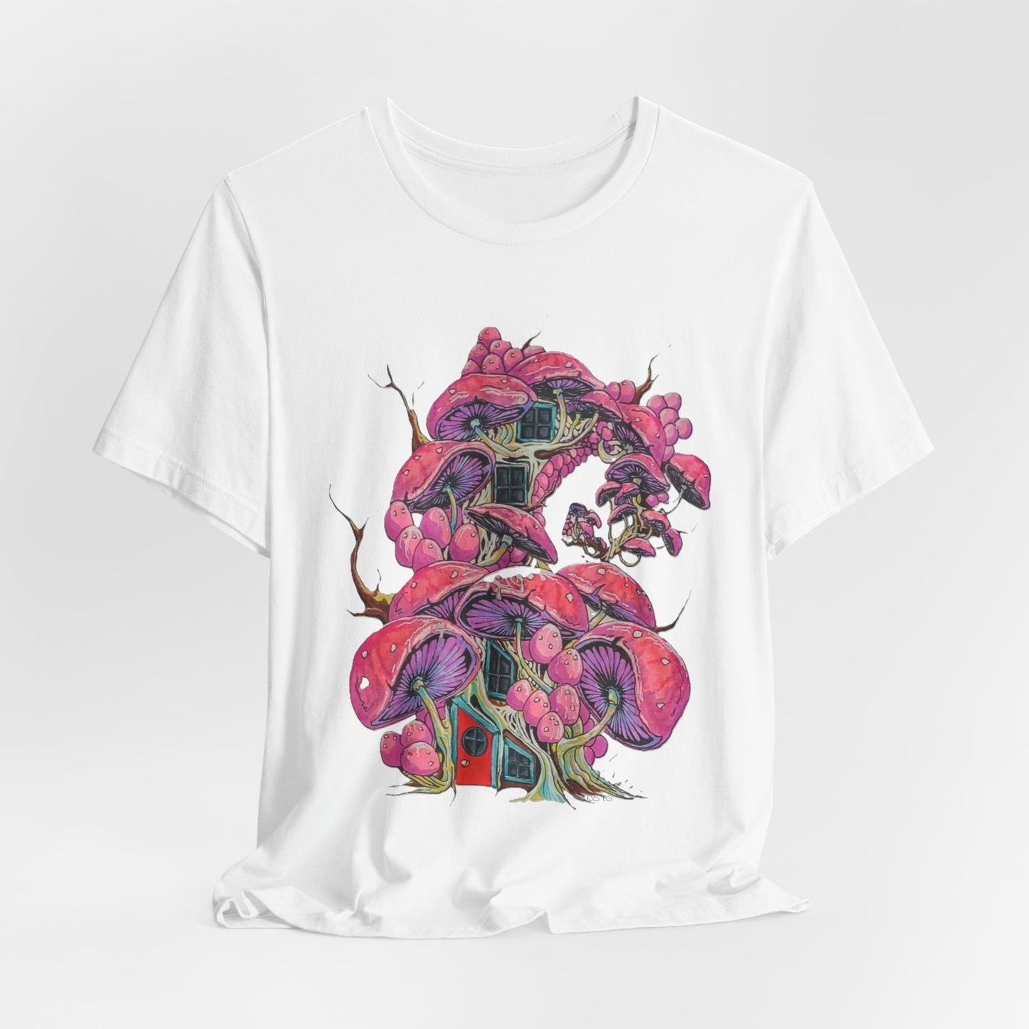 "Pink Mushroom House" Psychedelic Pink Mushroom Forest T-Shirt — Surreal Fungi Graphic Tee
