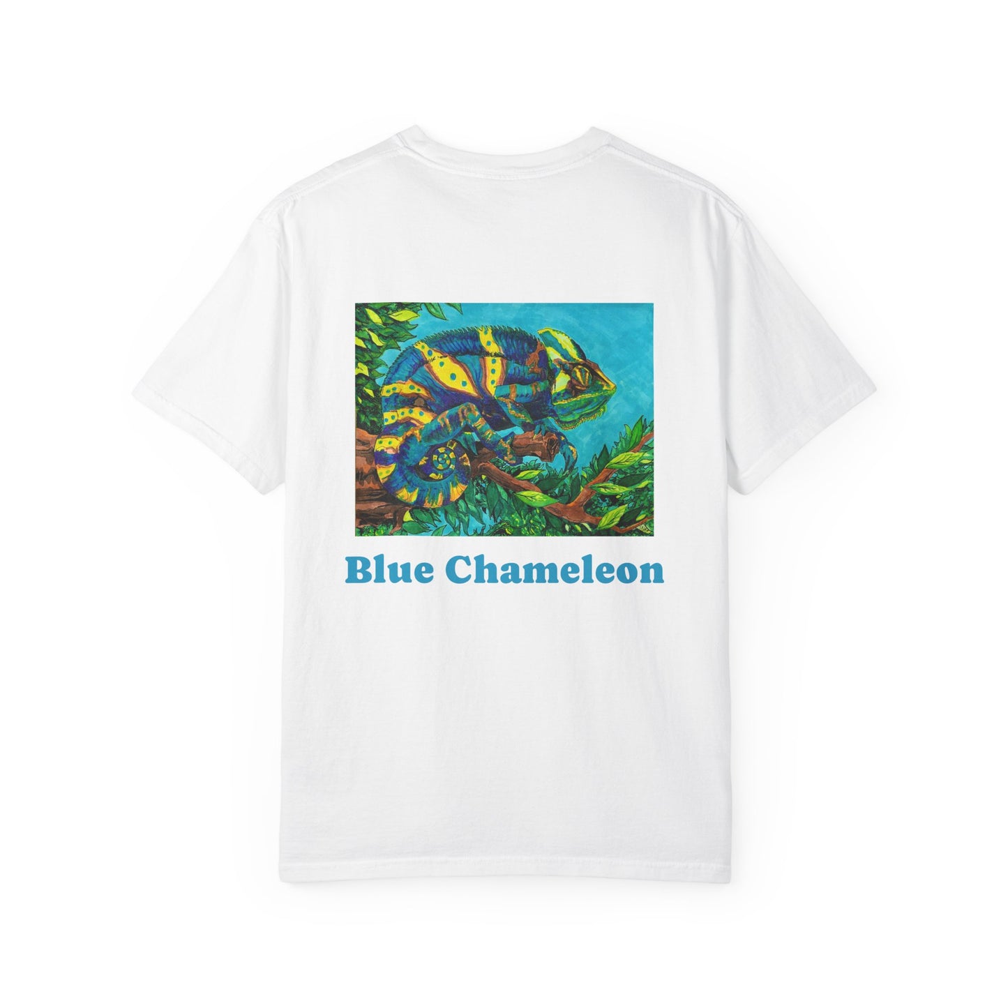Garment-Dyed T-Shirt with Artwork by Noto the Artist "Blue Chameleon".  From 0riginal hand drawn work by mississppi artist Frank Noto