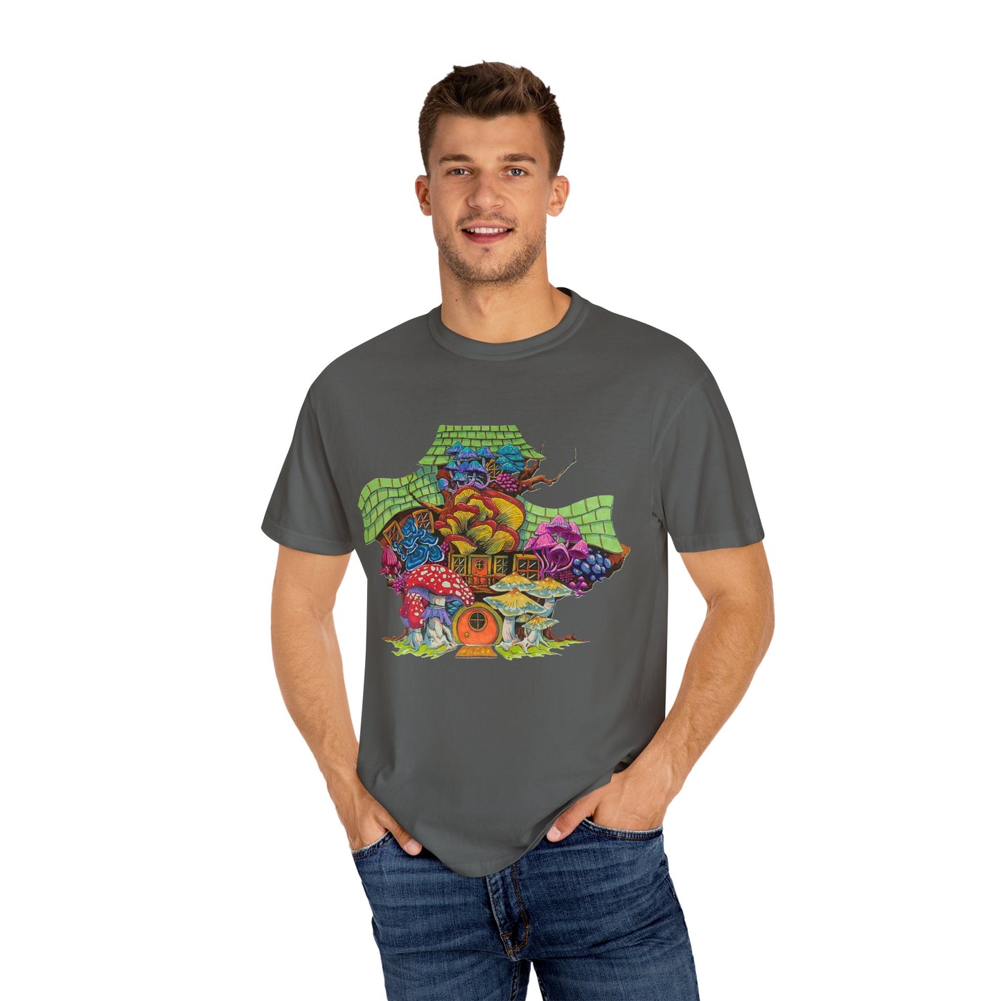 "Rainbow Mushroom House" T-shirt with artwork by Frank Noto