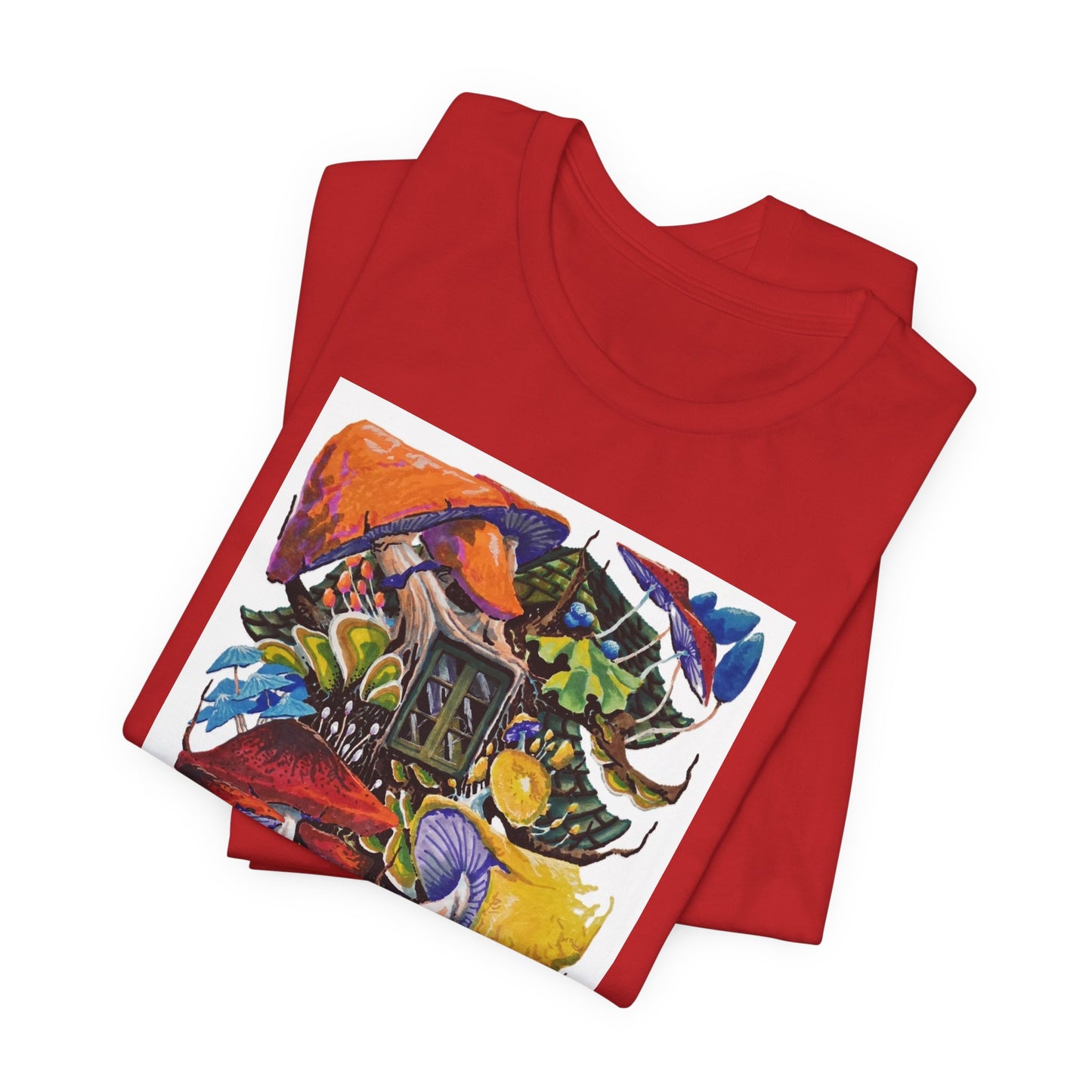 "Mushroom House with the Blue Green Door" tshirt by Noto the Artist. Surreal Cottage Collage T‑Shirt