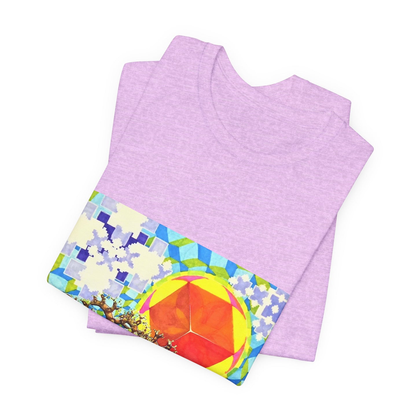 "Spring in the Valley of Sacred Geometry" Tshirt with artwork by Noto the Artist. Geometric Sun & Tree T-Shirt — Colorful Abstract Nature Tee
