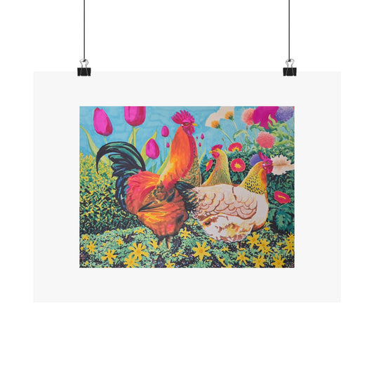 "Chicks love Flowers" illustrated by Frank Noto. Colorful Rooster & Hens Matte Poster — Farmhouse Floral Animal Wall Art