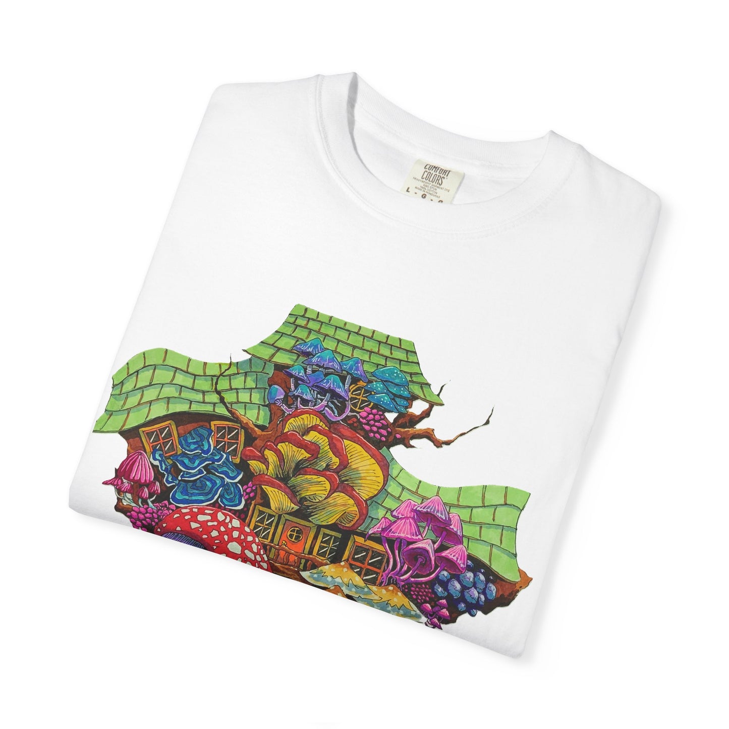 "Rainbow Mushroom House" T-shirt with artwork by Frank Noto