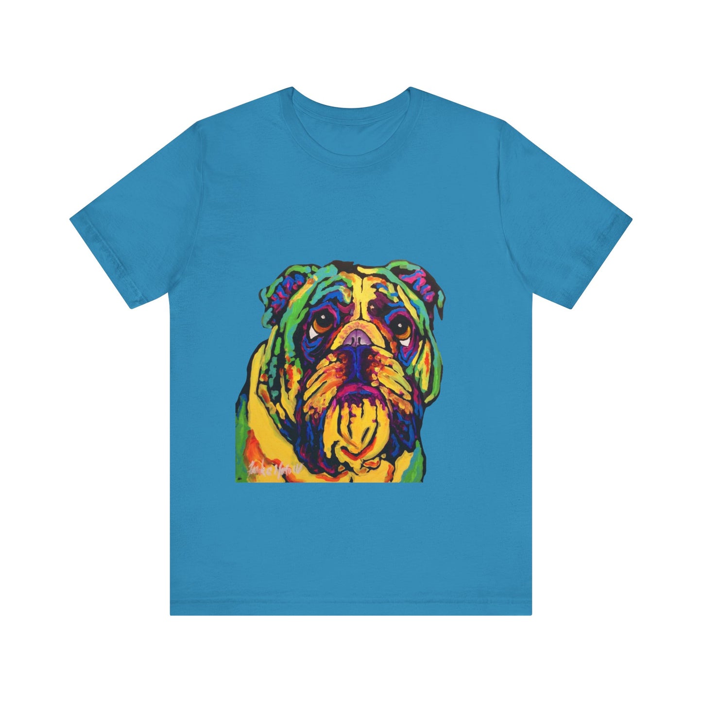 "Bulldog" T-shirt featuring a painting of a bulldog by Noto the Artist. Colorful Bulldog Art Unisex Tee, Pet Lover Gift, Dog Shirt, Casual Wear, Animal Lover Tee, Fun Graphic T-Shirt
