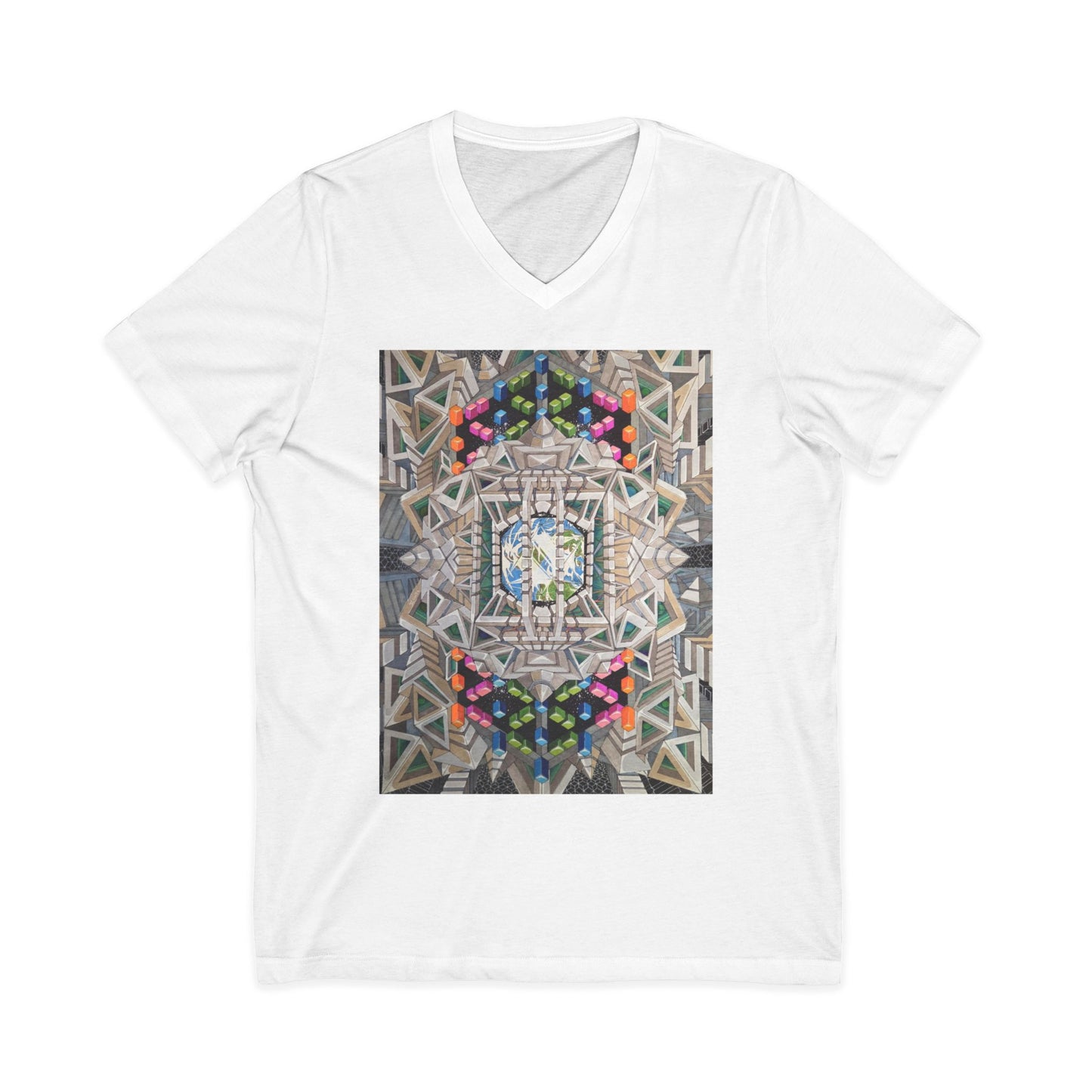 "View of Earth From Inside the Planetary Creation Machine" Abstract Kaleidoscope V-Neck Tee