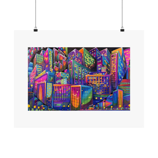 "City Nights, City Lights" Vibrant Neon Cityscape Matte Poster — Horizontal Art Print