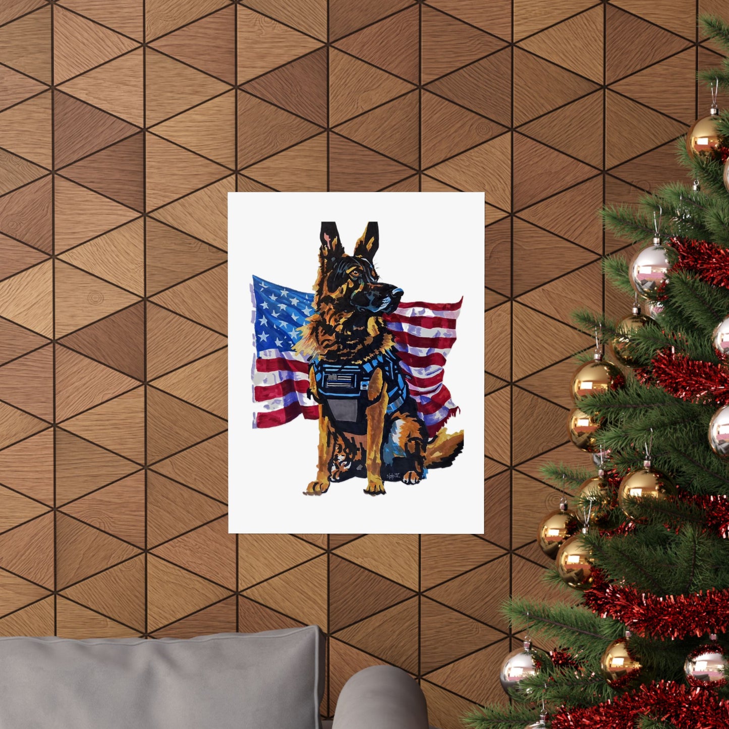 American K9 Poster — Patriotic German Shepherd Matte Vertical Poster "Our pack lives because of those who protect it"