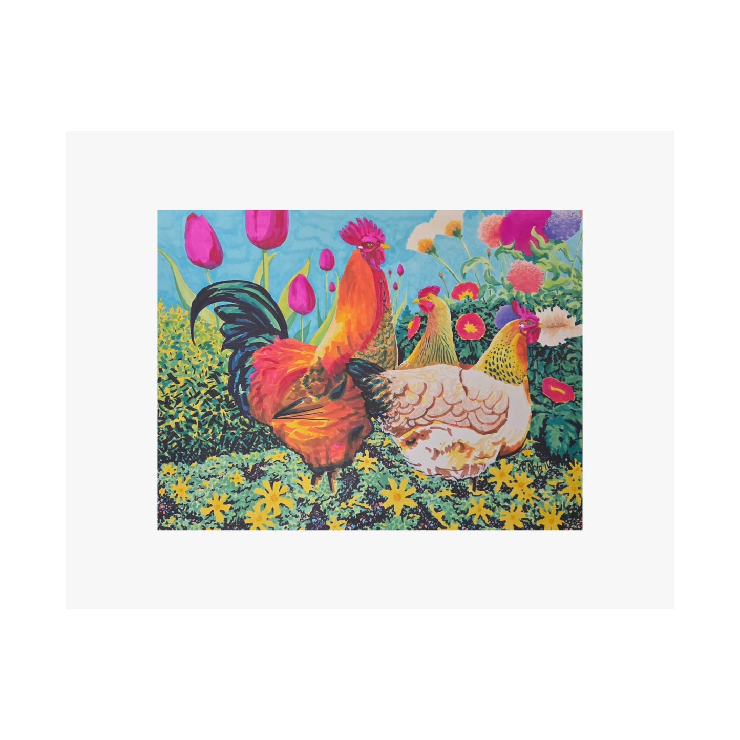 "Chicks love Flowers" illustrated by Frank Noto. Colorful Rooster & Hens Matte Poster — Farmhouse Floral Animal Wall Art