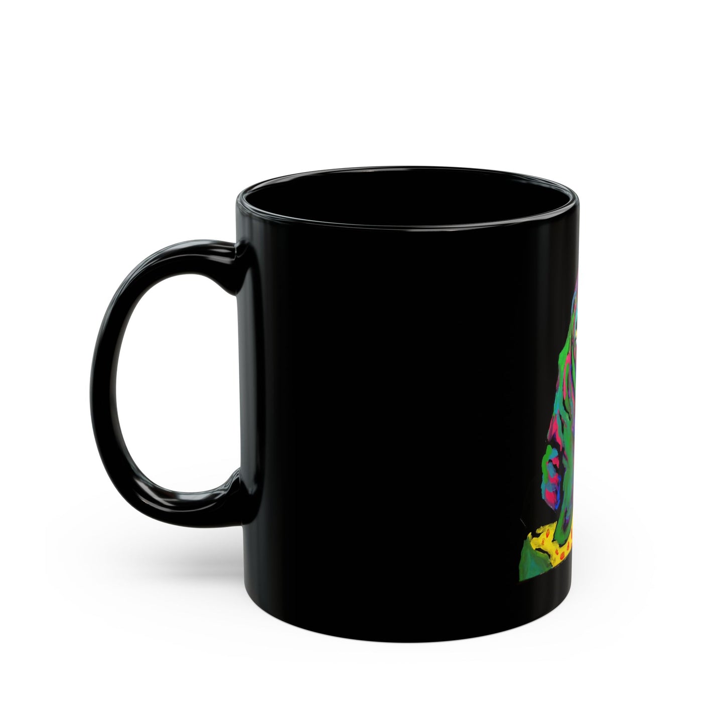 Colorful Dog Art Black Mug  featuring the "Rainbow Basset" painting by Noto the Artist- Unique Gift for Dog Lovers, Pet Owners, Birthdays, Coffee Lovers, Art Enthusiasts