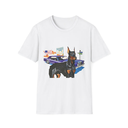 "Mississippi Delta Hound Blues" Doberman & Classic Car T-Shirt — Retro Muscle Car Dog Graphic Tee
