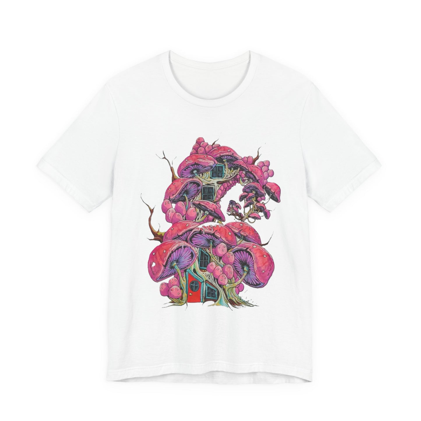 "Pink Mushroom House" Psychedelic Pink Mushroom Forest T-Shirt — Surreal Fungi Graphic Tee