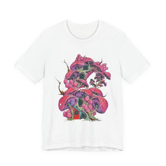 "Pink Mushroom House" Psychedelic Pink Mushroom Forest T-Shirt — Surreal Fungi Graphic Tee