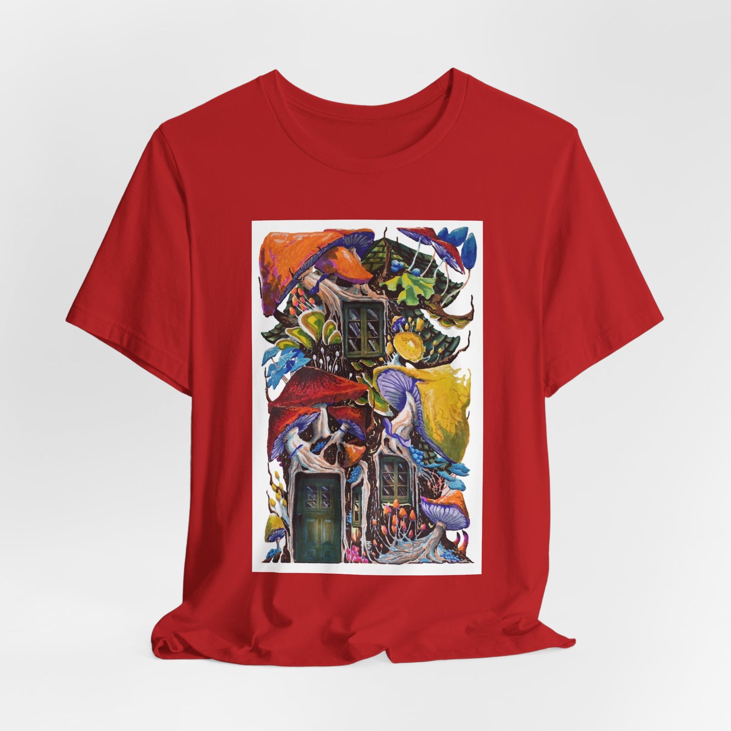 "Mushroom House with the Blue Green Door" tshirt by Noto the Artist. Surreal Cottage Collage T‑Shirt