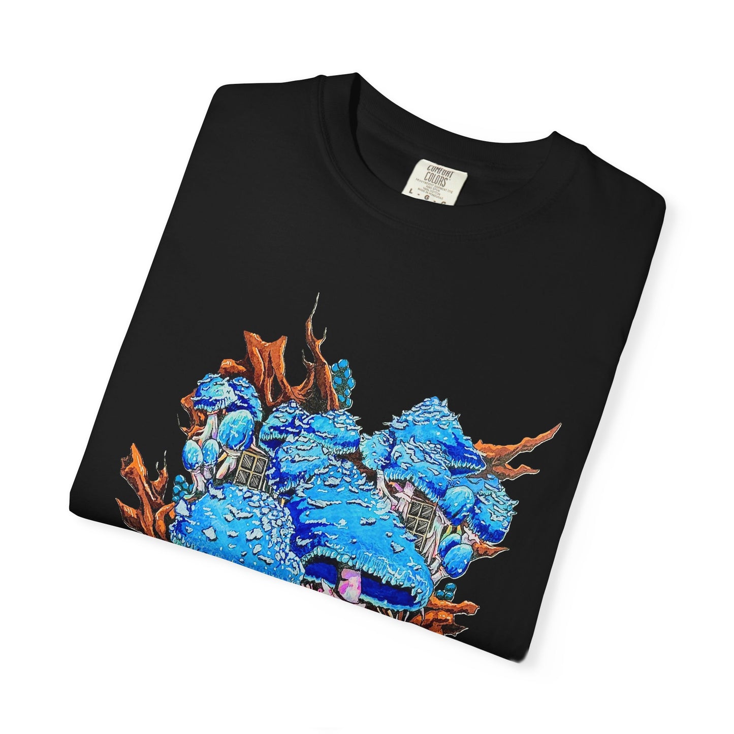 "Blue Mushroom House" T-shirt featuring artwork by Frank Noto