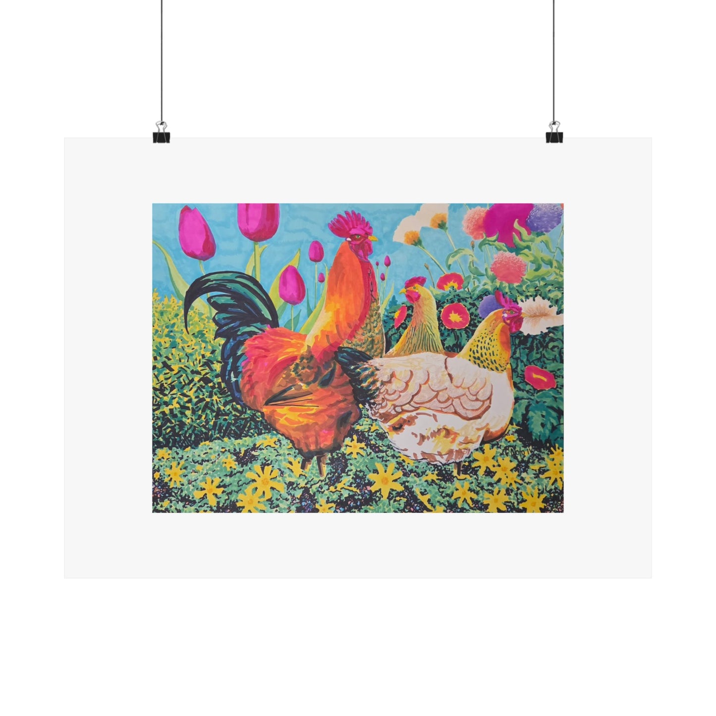 "Chicks love Flowers" illustrated by Frank Noto. Colorful Rooster & Hens Matte Poster — Farmhouse Floral Animal Wall Art