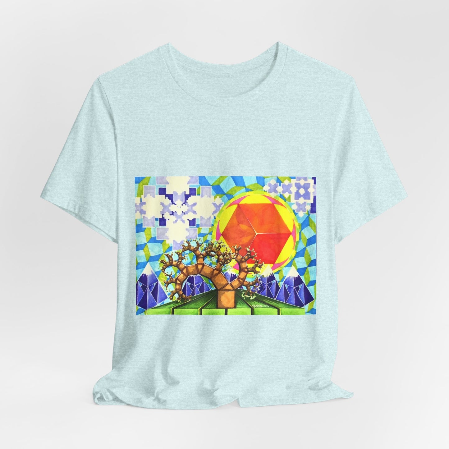 "Spring in the Valley of Sacred Geometry" Tshirt with artwork by Noto the Artist. Geometric Sun & Tree T-Shirt — Colorful Abstract Nature Tee