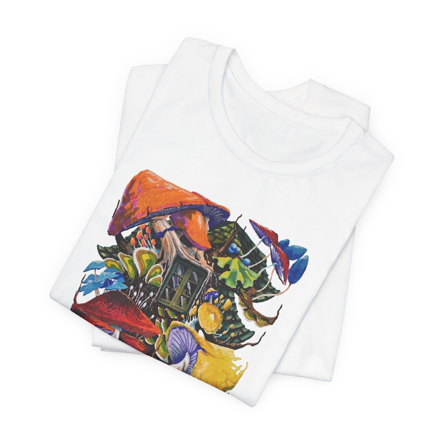"Mushroom House with the Blue Green Door" tshirt by Noto the Artist. Surreal Cottage Collage T‑Shirt