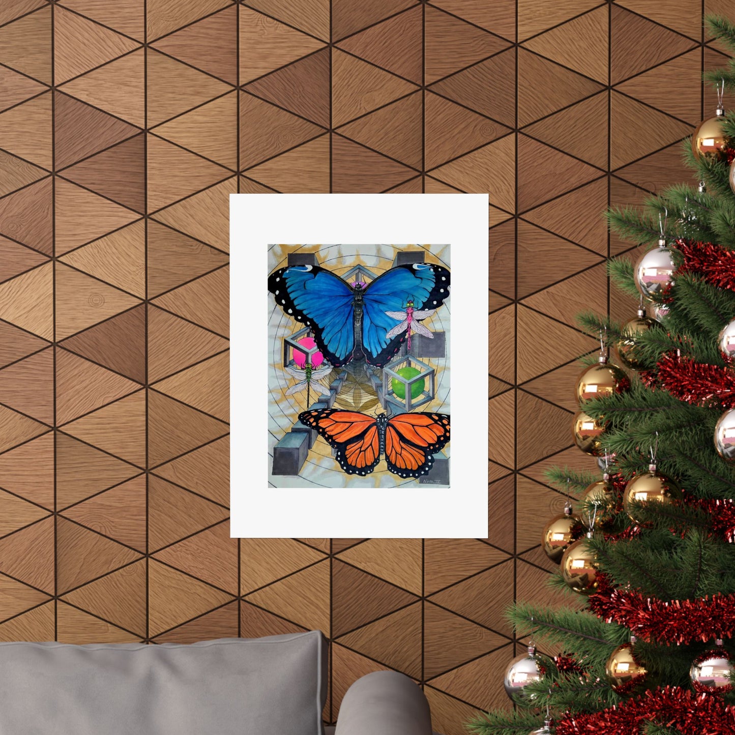 "Echoes of a Butterfly's wings" Butterfly Art Poster — Blue & Orange Monarch Matte Vertical Print