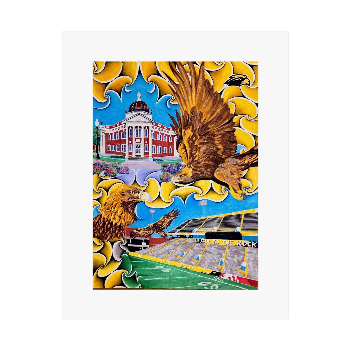 "Black!...Gold!..." Artwork by Frank Noto Eagle Stadium Matte Vertical Poster — Collegiate Campus Art Print