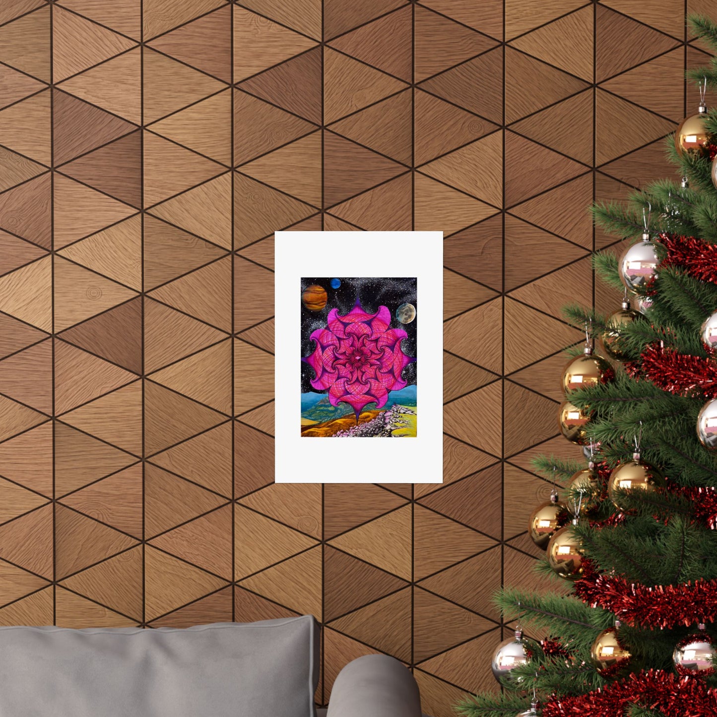 "Yes, I See It...What The Hell Is That...". artwork hand illustrated by Frank Noto.  Psychedelic Mandala Poster — Pink Cosmic Floral Matte Vertical Art Print