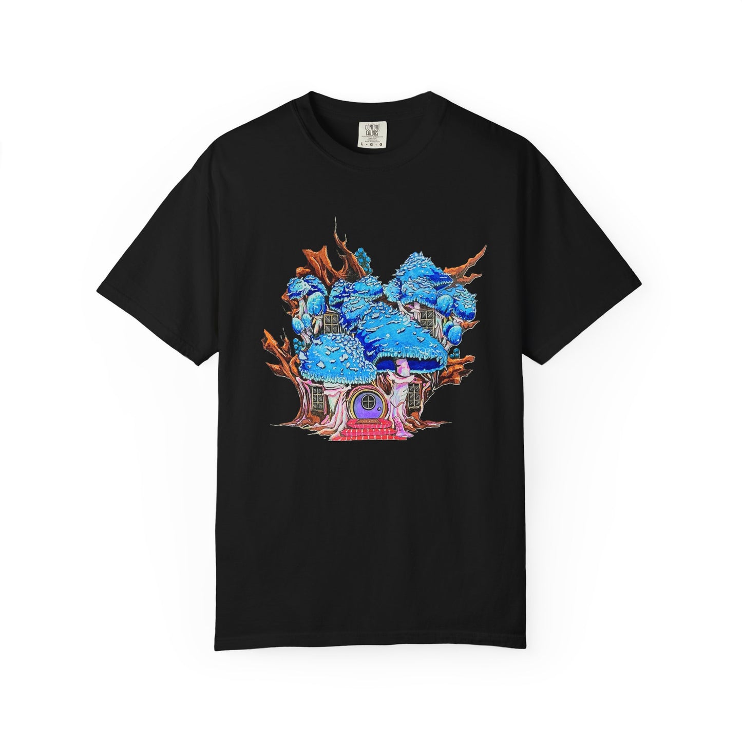 "Blue Mushroom House" T-shirt featuring artwork by Frank Noto