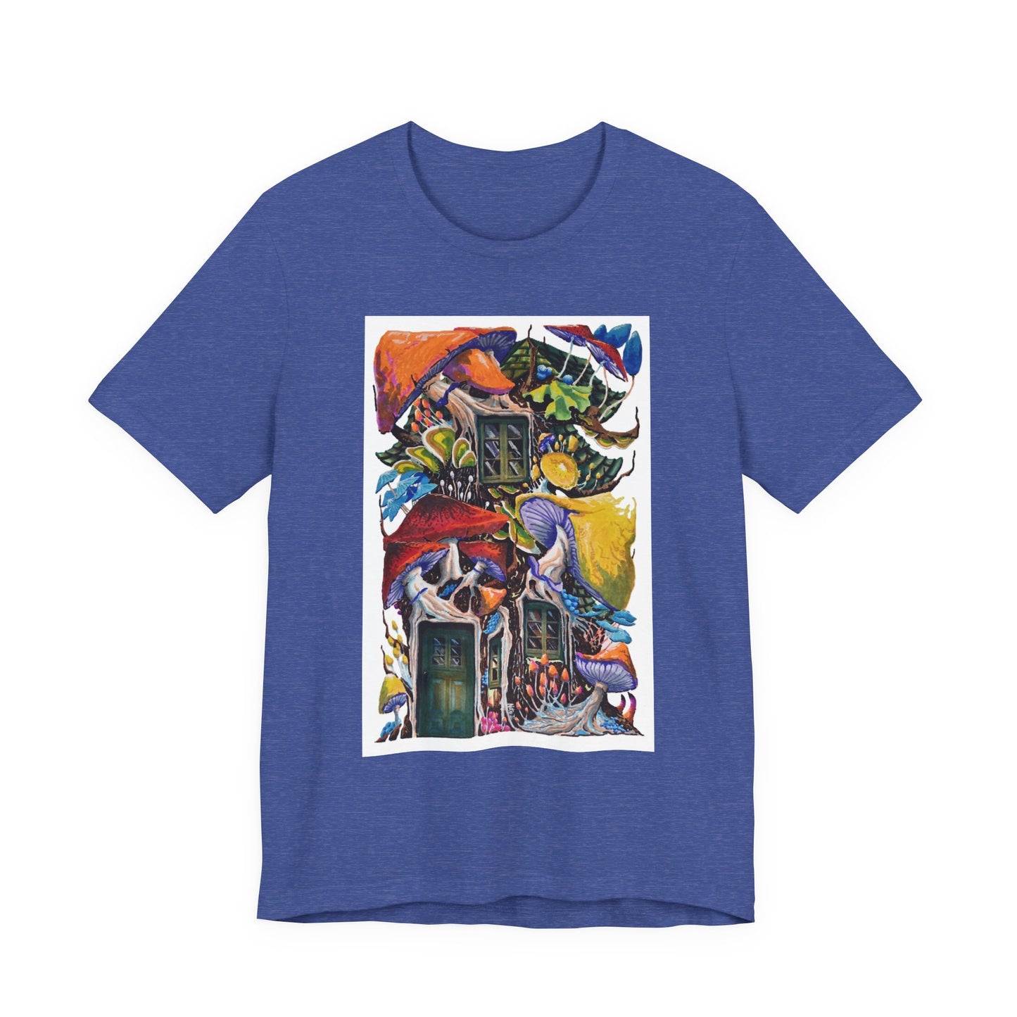 "Mushroom House with the Blue Green Door" tshirt by Noto the Artist. Surreal Cottage Collage T‑Shirt