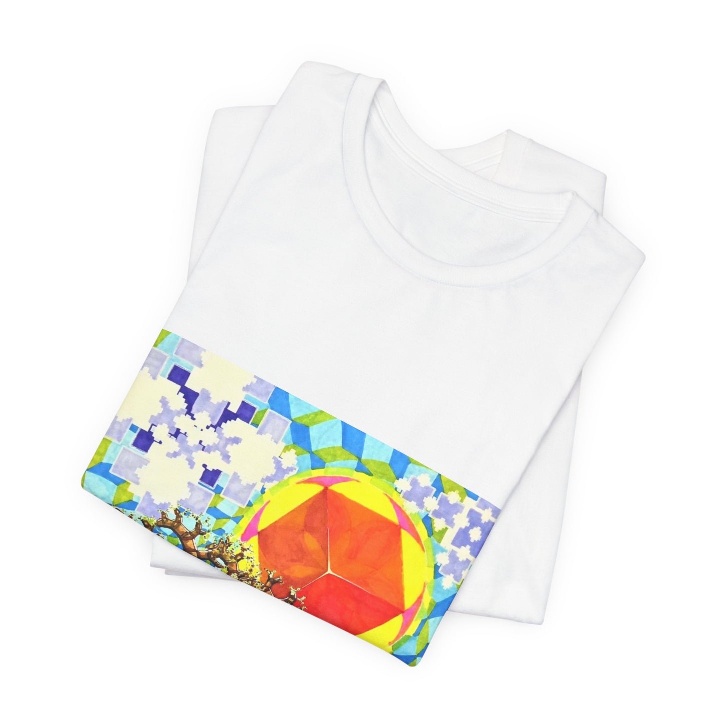 "Spring in the Valley of Sacred Geometry" Tshirt with artwork by Noto the Artist. Geometric Sun & Tree T-Shirt — Colorful Abstract Nature Tee
