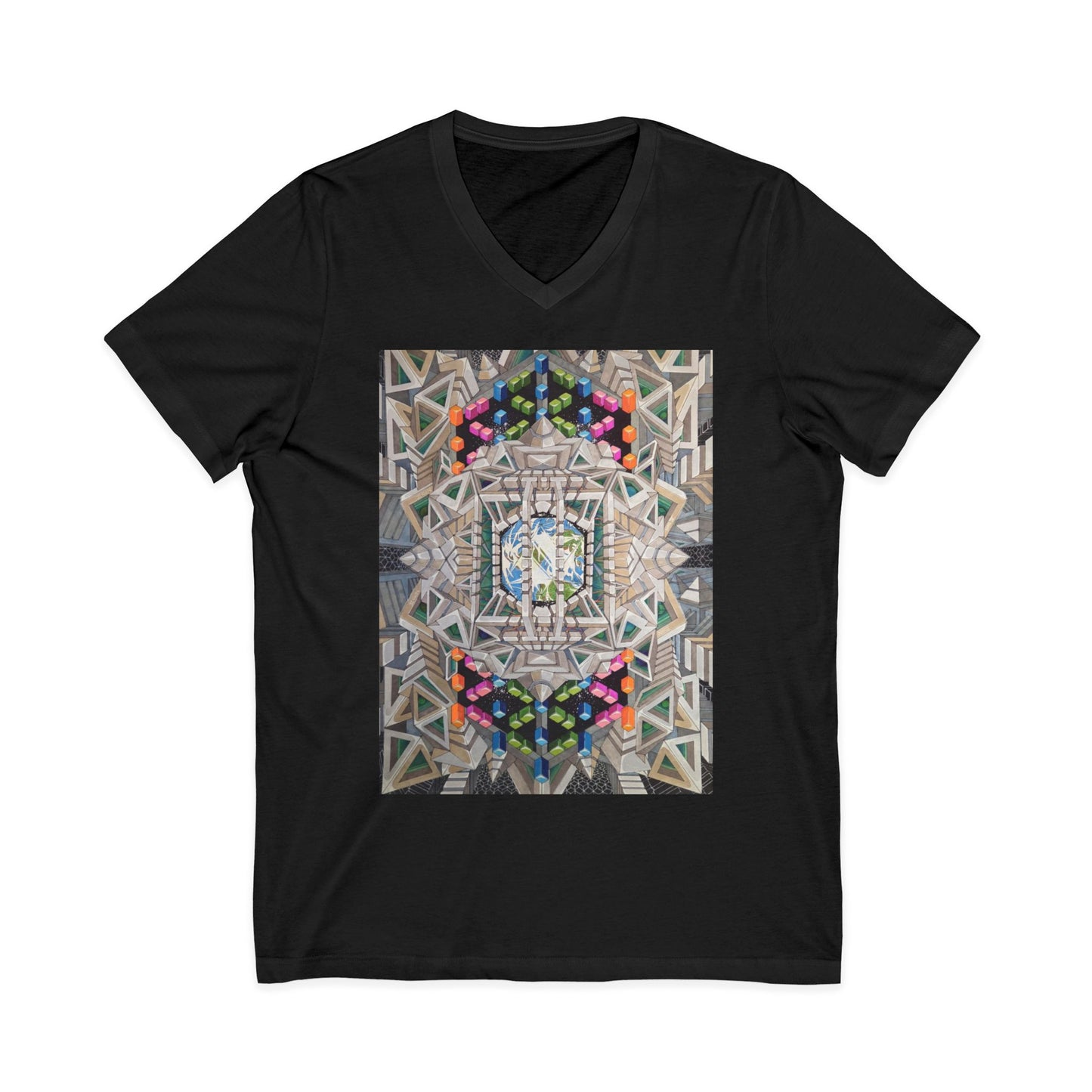 "View of Earth From Inside the Planetary Creation Machine" Abstract Kaleidoscope V-Neck Tee