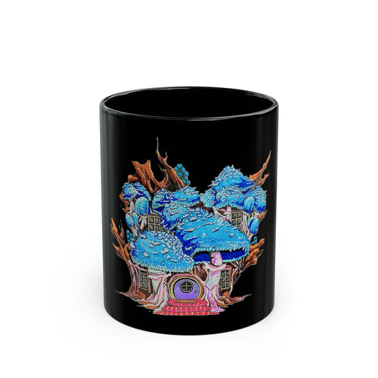 "Blue Mushroom House' Mug. with illustration by Frank Noto.  Enchanting Fantasy-Themed Black Mug | Perfect for Coffee Lovers, Gift for Friends, Cozy Vibes, Home Decor, Unique Art