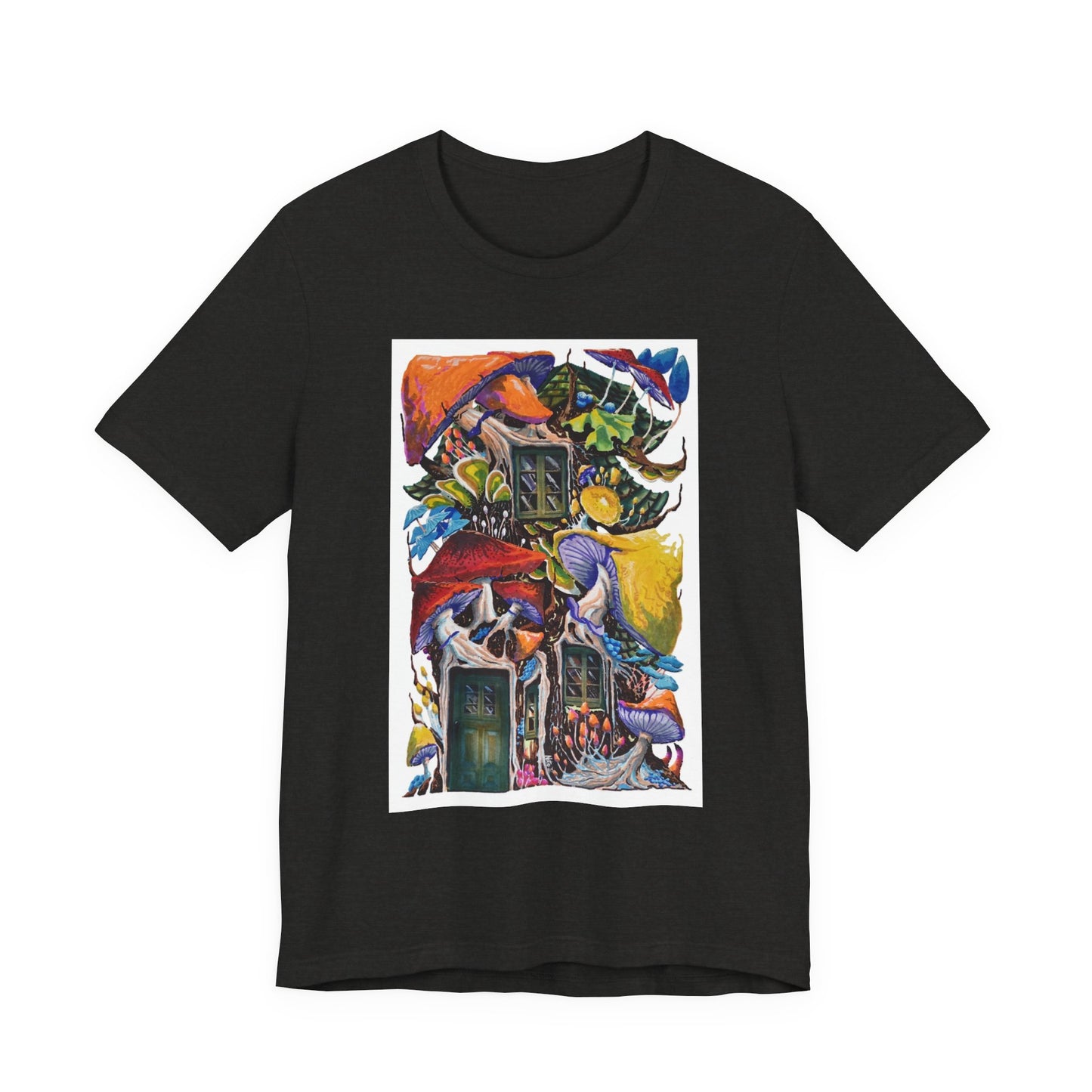 "Mushroom House with the Blue Green Door" tshirt by Noto the Artist. Surreal Cottage Collage T‑Shirt