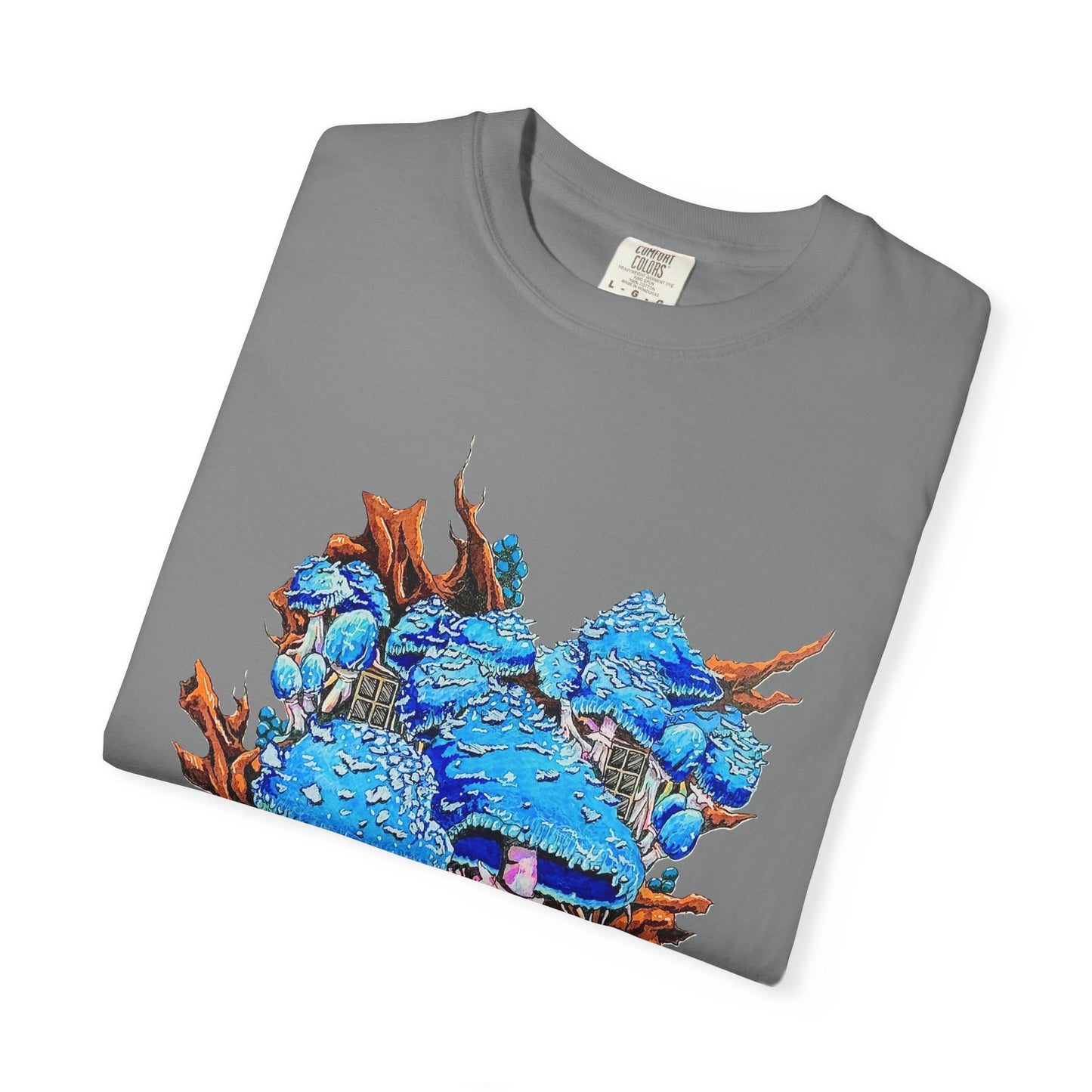 "Blue Mushroom House" T-shirt featuring artwork by Frank Noto