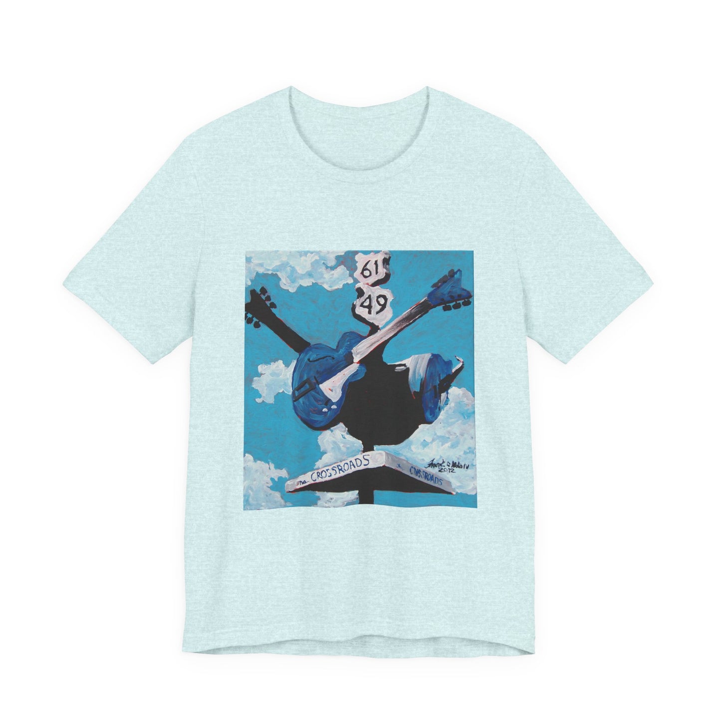 "Crossroads" tshirt featuring a painting by Noto the Artist. Sky Blue Guitar Graphic Tee, Music Lover Gift, Artsy Casual Wear, Concert T-shirt, Festival Outfit