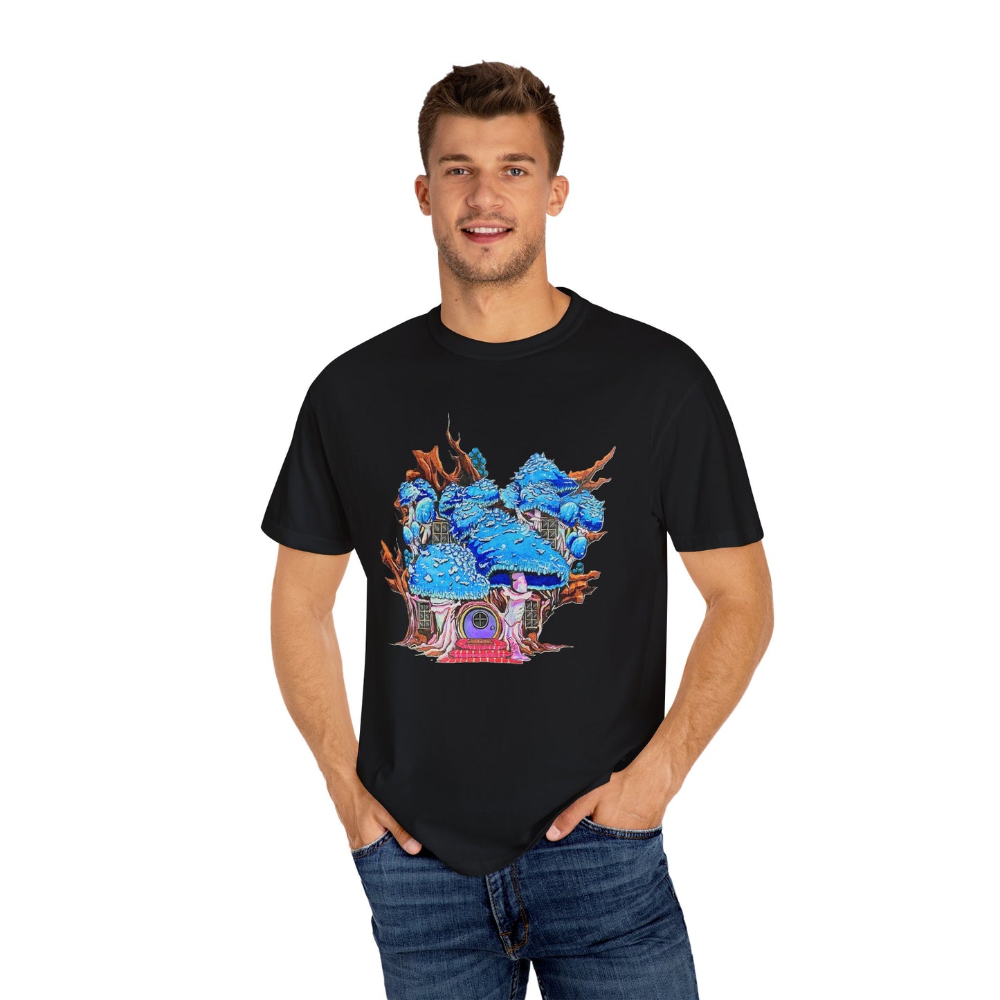 "Blue Mushroom House" T-shirt featuring artwork by Frank Noto