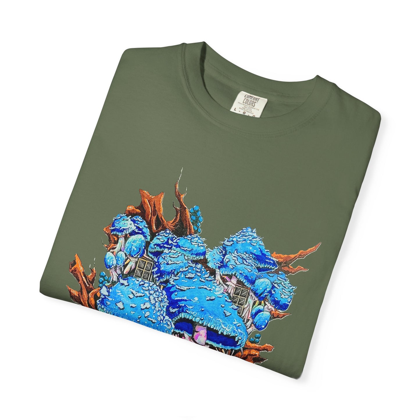 "Blue Mushroom House" T-shirt featuring artwork by Frank Noto
