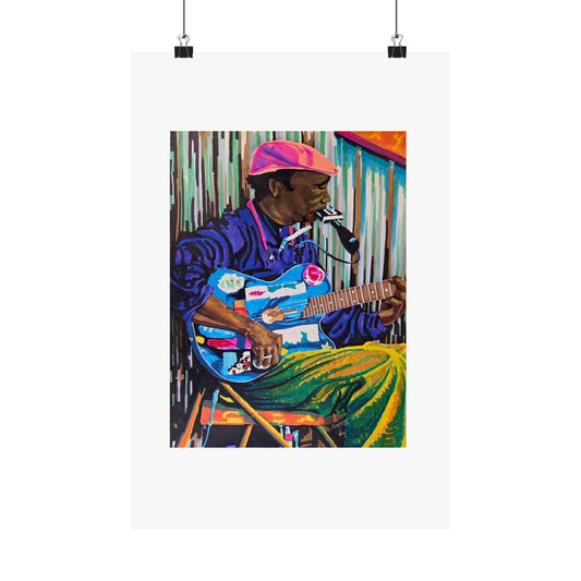 "Terry Harmonica Bean" print by Frank Noto. Blues Guitarist Matte Poster — Colorful Musician Wall Art