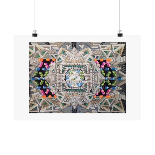 "View of Earth From Inside The Planetary Creation Machine" Geometric Kaleidoscope Matte Poster — Symmetric Urban Abstract Wall Art