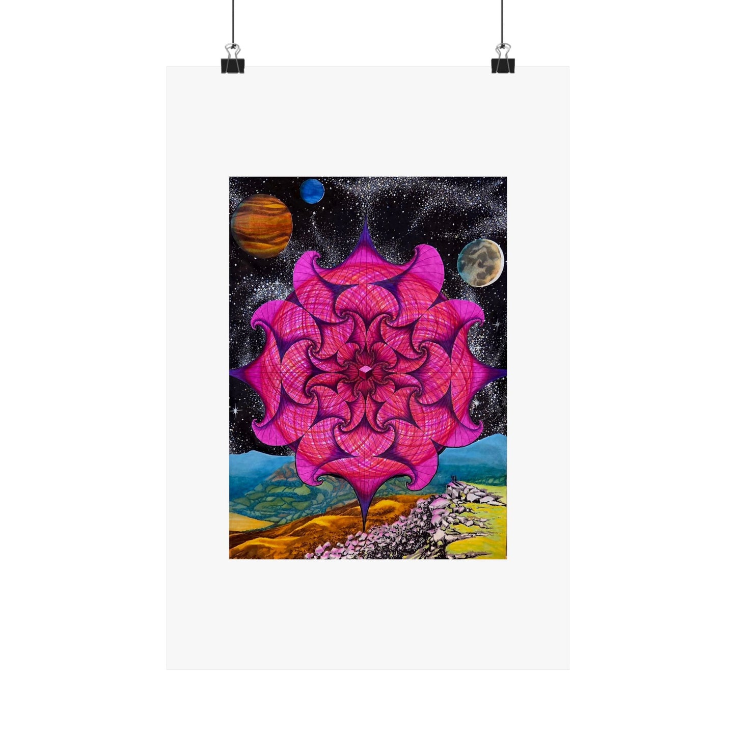 "Yes, I See It...What The Hell Is That...". artwork hand illustrated by Frank Noto.  Psychedelic Mandala Poster — Pink Cosmic Floral Matte Vertical Art Print