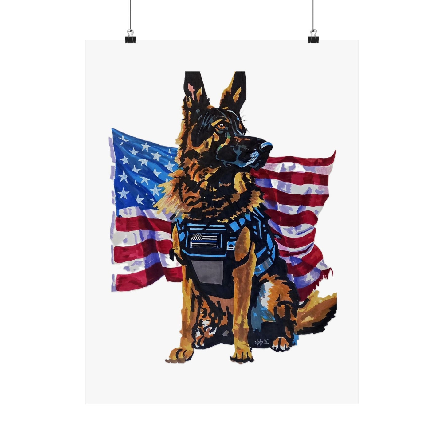 American K9 Poster — Patriotic German Shepherd Matte Vertical Poster "Our pack lives because of those who protect it"